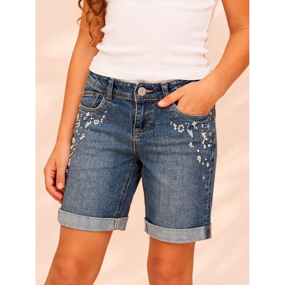 Total Girl Girls Size 10 Denim Bermuda Shorts Sequin Y2K Adjustable Waist